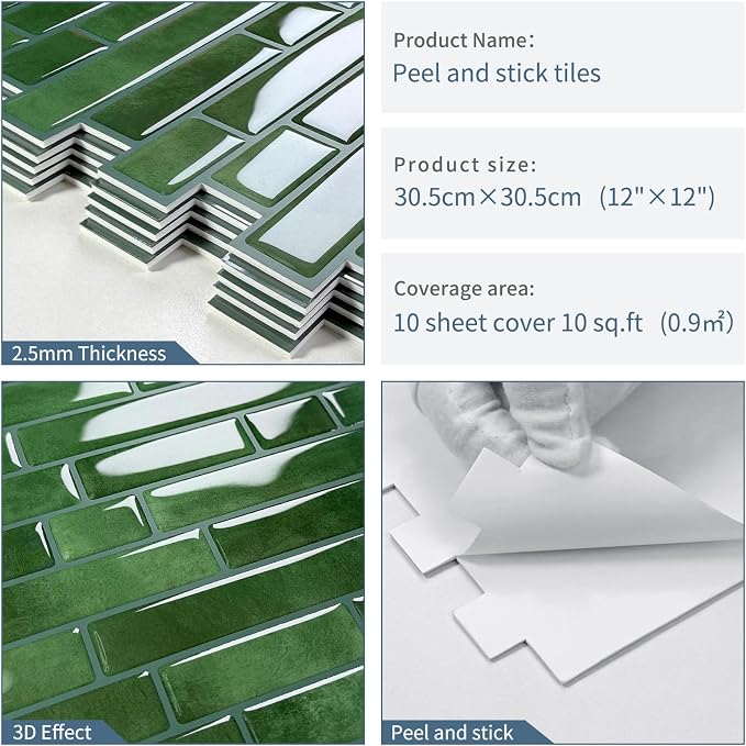 Peel and Stick Backsplash 3D Self Adhesive Wall Tile Green 10 Sheet | Thick,Sticky,Vinyl,12"x12",Marble,for Kitchen,Bathroom