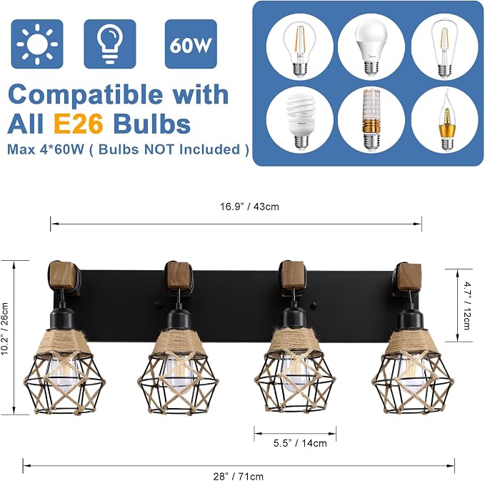 LmnLvn 4-Light Bathroom Vanity Light, Boho Farmhouse Hemp Rope Cage Shade | Wood & Black Metal Frame, Rustic Vanity Lighting, Mounted Over Mirror, Easy To Install for Restroom, Bedroom & Hallway