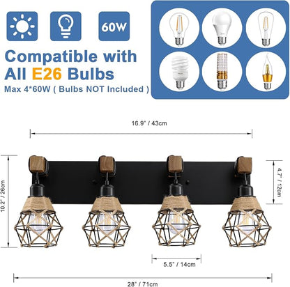 LmnLvn 4-Light Bathroom Vanity Light, Boho Farmhouse Hemp Rope Cage Shade | Wood & Black Metal Frame, Rustic Vanity Lighting, Mounted Over Mirror, Easy To Install for Restroom, Bedroom & Hallway