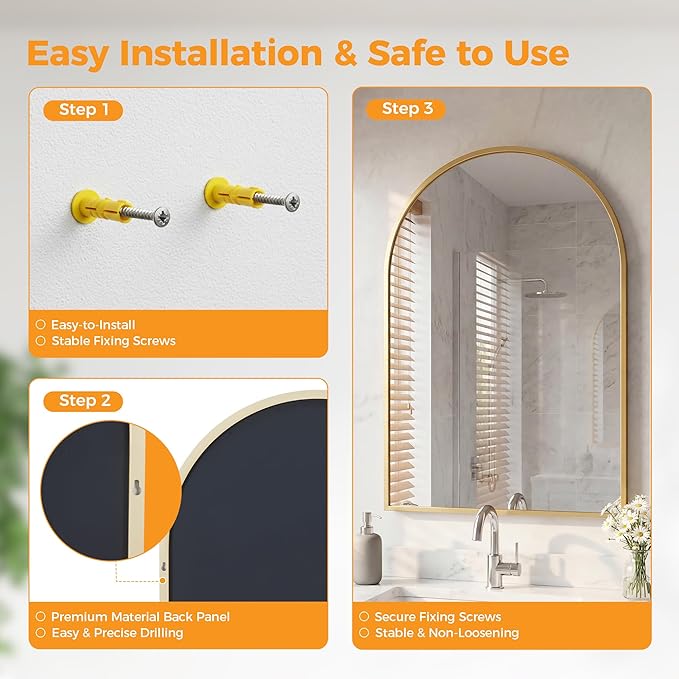 Arched Gold Bathroom Mirrors for Wall, 26x38-Inch Bathroom Mirror for Over Sink, Wall Vanity Mirror with Matte Metal Frame and HD Shatter-Proof Glass for Entryway, Living Room, Bedroom