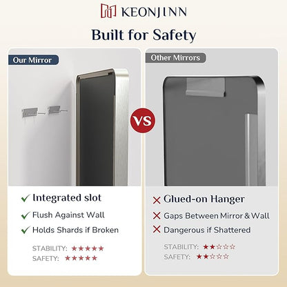 Keonjinn 28 x 36 Inch Brushed Nickel Bathroom Mirror, Tempered Glass | Rounded Rectangle Vanity Mirror, Silver Bathroom Mirrors for Over Sink, Rust-Resistant Aluminum Frame, French Cleat Mount
