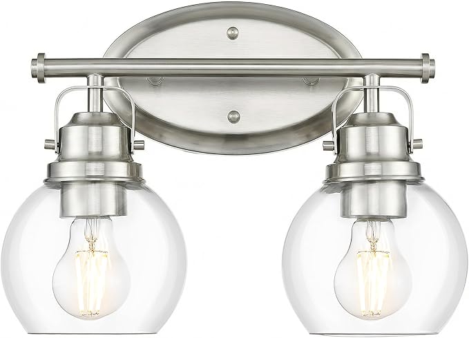 Bathroom Light Fixtures, 2-Light 14" Brushed Nickel Vanity Lights with Clear Globe Glass Shades, Farmhouse Vintage Vanity Lighting Fixtures Over Mirror, E26 Base, AD-2147-2W-SN