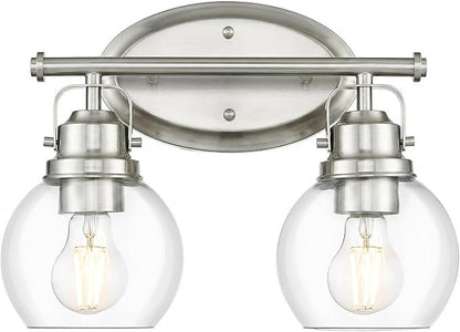 Bathroom Light Fixtures, 2-Light 14" Brushed Nickel Vanity Lights with Clear Globe Glass Shades, Farmhouse Vintage Vanity Lighting Fixtures Over Mirror, E26 Base, AD-2147-2W-SN