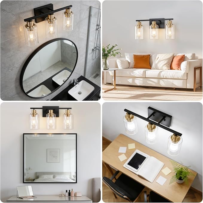 3 Light Bathroom Wall Light Fixture Vanity Wall Lights Over Mirror | Wall Sconce Lighting with Clear Glass Shades, Modern Wall Lights Wall Lamp for Mirror, Hallway Kitchen Bedroom Cabinet