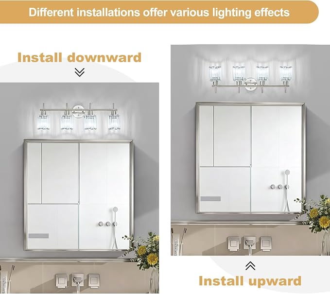 Brushed Nickel Bathroom Light Fixtures, Round, 4-Light | Vanity Lights with Crystal Shades, Modern Bathroom Lighting Fixtures over Mirror (Bulbs Not Included, E26)