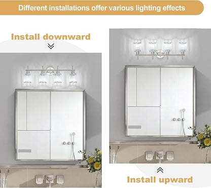 Brushed Nickel Bathroom Light Fixtures, Round, 4-Light | Vanity Lights with Crystal Shades, Modern Bathroom Lighting Fixtures over Mirror (Bulbs Not Included, E26)