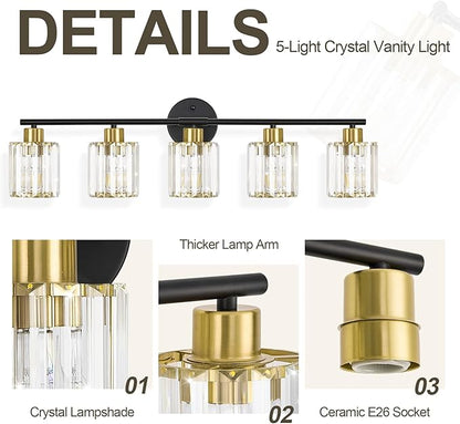 Crystal Bathroom Light Fixtures, Bathroom Lighting Fixtures Over Mirror, Modern Black Gold 5-Light Vanity Lights for Mirror,Restroom, Bedroom (Ceramic E26 Socket,Bulbs Not Include)