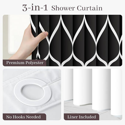 Gelbchu Black No Hook Shower Curtain with Snap-in Liner, 71 x 74 Inch | Built-In Hooks, Mesh Top Window, Water-Repellent, Machine Washable, Quick Drying, Premium Polyester, Hotel Style, Modern