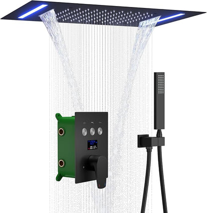 Temperature Display Shower Faucet Set Matte Black Shower System | 14x20-Inch Rainfall Waterfall LED Shower Head and Handle Set, 3 Modes Can Be Used Simultaneously