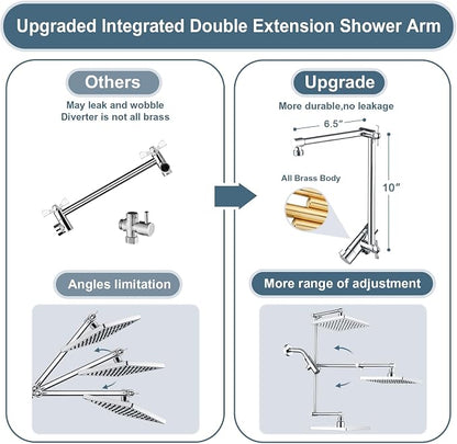 BRIGHT SHOWERS High Pressure Rain Shower Head Combo with Double Extension Arm, 8 Inch Rainfall Shower Head with Handheld Spray, Height Adjustable Dual Square Showerhead Set, Chrome