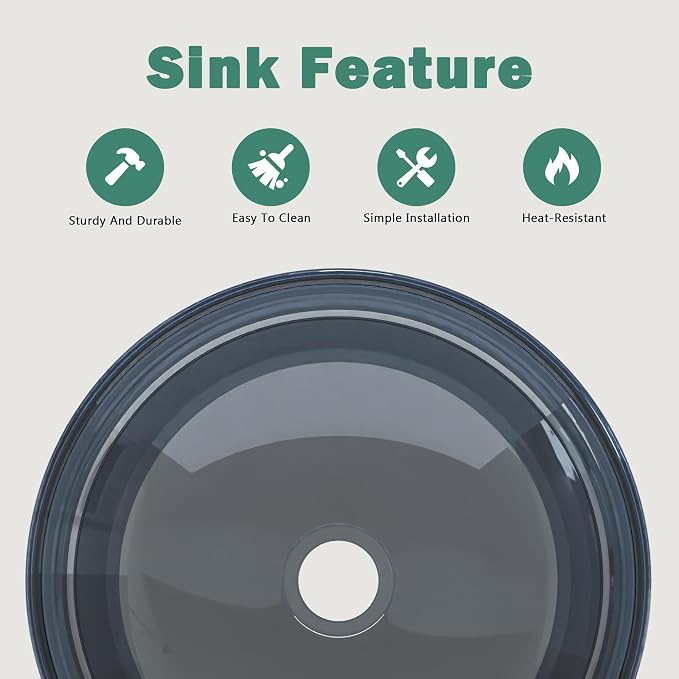 Design Vessel Sink Bathroom Sink above counter Small Vessel Sink Bathroom Sink Bowl Countertop Modern Sinks with faucet and drain combo 16.5" Round Transparent New