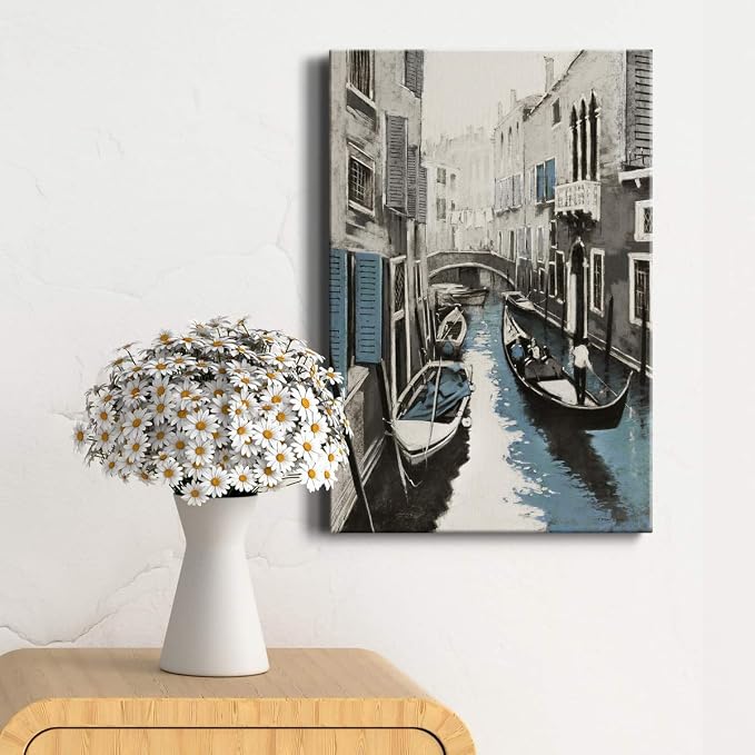 Renditions Gallery Canvas Historical Wall Art Modern Paintings & Prints Decorations Vintage Venice Boat Black & White Wall Hanging Artwork for Bedroom Living Room Office Kitchen - 18"x27" LT02