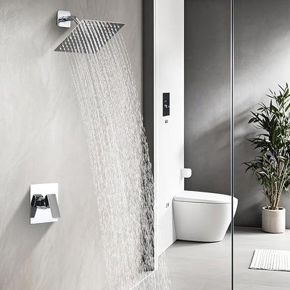 Shower Faucet Set, 8 Inch Square Wall Mounted Rainfall Shower Head with Rough-in Valve Body, Modern Bathroom Shower Trim Kit, Stainless Steel Single Function RV Shower System (Chrome)