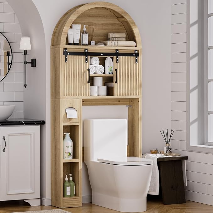 Spurgehom Wood Over Toilet Cabinet, Freestanding Arch Bathroom Organizer | Wood Arch Over Toilet Cabinet with Sliding Doors, Toilet Paper Holder & Anti-tipping Device, Bathroom Storage Unit