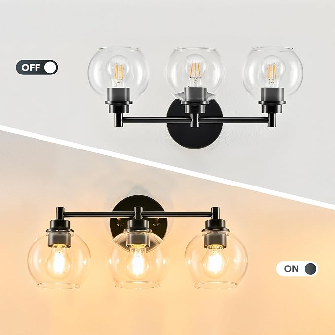 VONLUCE 3 Light Bathroom Vanity Light Fixtures, Black Finish | Globe Glass Shades, E26 Sockets, Easy to install, Vanity Lights for Bedroom Hallway Living Room