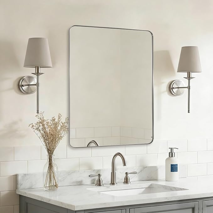 Brushed Nickel Mirrors for Bathroom Sink, 28x36 Inch Bathroom Vanity Mirror with Rectangular Metal Frame-Modern Clean Design with Superior Stainless Steel Frame