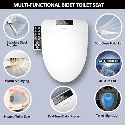 WLJBIDET Bidet Toilet Seat, Electric Bidet with Heated Toilet Seat, Instant Warm Water & Air Drying, Temperature Adjustable, Side Panel Control, Display Screen, Night Light, Elongated