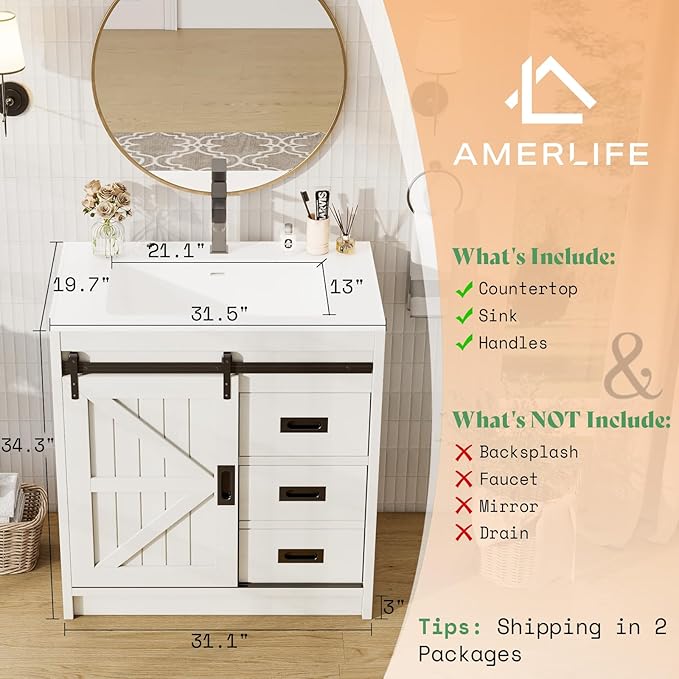 AMERLIFE Farmhouse Bathroom Vanity with Sink Combo, 31in Sliding Barn Door Bathroom Vanity Cabinet Set with Storage Drawers, Metal Handles, Small Single Bath Storage Vanity Sink, Antique White
