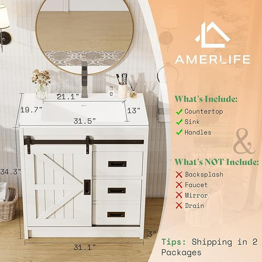 AMERLIFE Farmhouse Bathroom Vanity with Sink Combo, 31in Sliding Barn Door Bathroom Vanity Cabinet Set with Storage Drawers, Metal Handles, Small Single Bath Storage Vanity Sink, Antique White