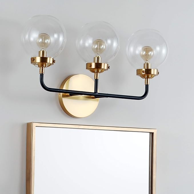 JONATHAN Y 22" Black/Brass Gold 3-Light LED Wall Sconce Vanity Lighting, Clear Glass Globe Shade Modern Contemporary Sconce for Bathroom Mirror, Hallway, UL Listed (JYL9011A)