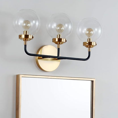 JONATHAN Y 22" Black/Brass Gold 3-Light LED Wall Sconce Vanity Lighting, Clear Glass Globe Shade Modern Contemporary Sconce for Bathroom Mirror, Hallway, UL Listed (JYL9011A)