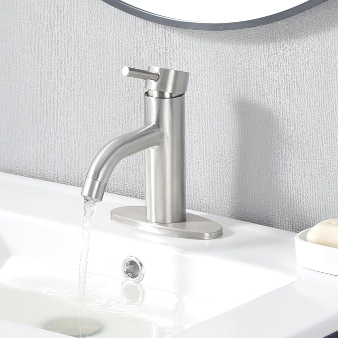 HOTIS Brushed Nickel Bathroom Faucet, Single Hole Bath Sink Faucet with Pop-up Drain, Suitable for 1 or 3 Hole Installation, Single Handle for Bathroom Sink, RV and Vanity, HT-HJ-052L-D
