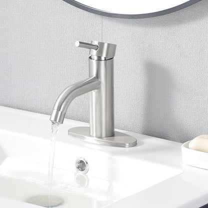HOTIS Brushed Nickel Bathroom Faucet, Single Hole Bath Sink Faucet with Pop-up Drain, Suitable for 1 or 3 Hole Installation, Single Handle for Bathroom Sink, RV and Vanity, HT-HJ-052L-D