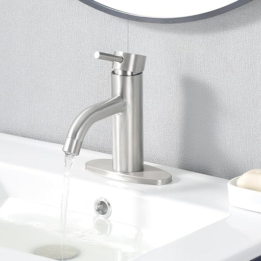 HOTIS Brushed Nickel Bathroom Faucet, Single Hole Bath Sink Faucet with Pop-up Drain, Suitable for 1 or 3 Hole Installation, Single Handle for Bathroom Sink, RV and Vanity, HT-HJ-052L-D