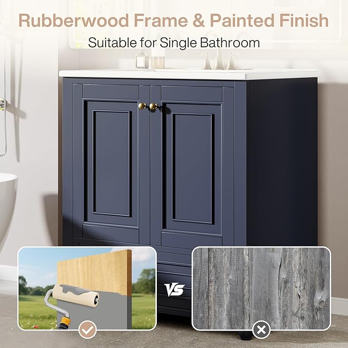 Tribesigns 30" Bathroom Vanity with Ceramic Sink Combo, Freestanding Bathroom Storage Vanity Cabinet with 2 Doors & 1 Drawer, Solid Wooden Frame & Coated Surface, Metal Handle, Navy Blue