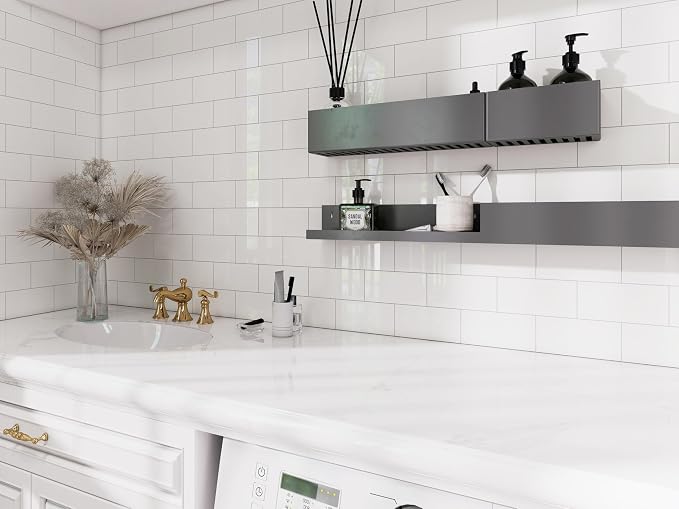 Luxury 10 Sheet Peel and Stick Backsplash,12”x12”Pure White Subway Tile for Kitchen Wall,Self Adhesive Glossy Faux Marble Tile,Stick on Accent Wall Backsplash Tile for Living Room, Bedroom,RV