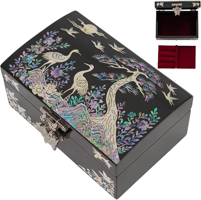 February Mountain Mother of Pearl Small Jewelry Ring Box - Gifts for best friends women, Thank you gifts, mom birthday gifts, Friendship Women Gifts Trinkets Keepsake Treasure box (Black-Crane)