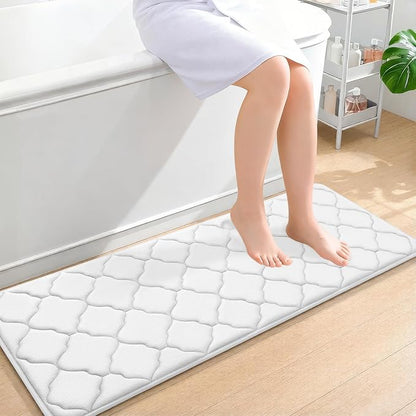 OLANLY Memory Foam Bath Mat Rug 47x17, Ultra Soft and Absorbent Bathroom Rugs, Non-Slip, Comfortable, Machine Washable Bath Carpet for Bathroom Floor, Tub, Shower and Home Decor Accessories, White