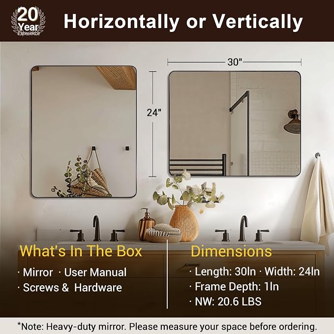 Black Bathroom Mirrors for Over Sink, 24x30 Inch Matte Black Mirror for Bathroom, Rectangle Metal Vanity Mirror for Wall-Modern Clean Design with Superior Stainless Steel Frame