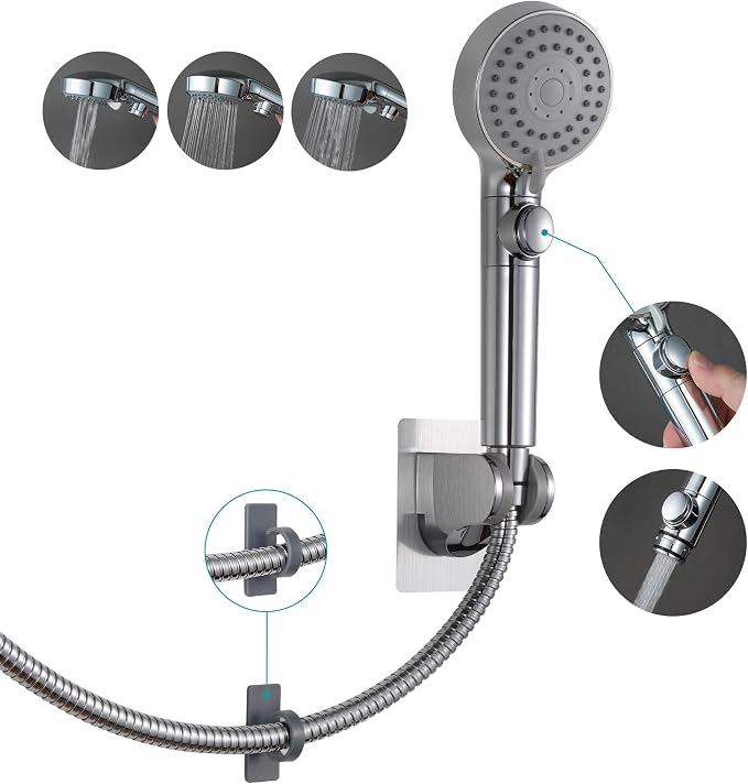 GwernKB Handheld Shower Head with Hose and On Off Switch,Water Saving | 3 Mode High Pressure Spray,for RV Camper,Bathroom,No Drilling Wall Mount Adhesive Shower Holder,Hose Guide Ring,Silver