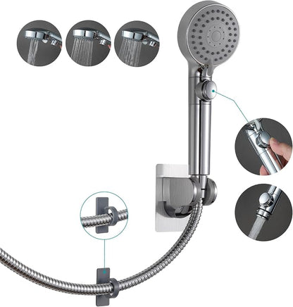 GwernKB Handheld Shower Head with Hose and On Off Switch,Water Saving | 3 Mode High Pressure Spray,for RV Camper,Bathroom,No Drilling Wall Mount Adhesive Shower Holder,Hose Guide Ring,Silver