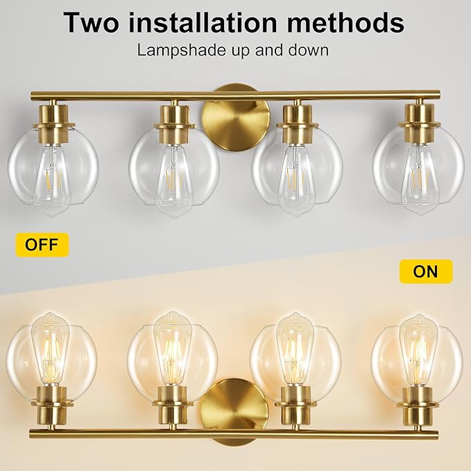 Bathroom Vanity Light, 29.5 Inch Modern Wall Sconce with Clear Glass Shade, 4-Light Gold Over Mirror Vanity Lighting for Bathroom