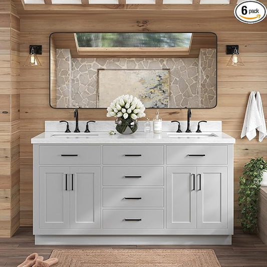 ARIEL Hepburn 66-inch Bathroom Vanity with Sink,Solid Wood, 1.5-inch Italian Carrara Marble Countertop, Double Rectangular Porcelain Sink, 4 Soft Closing Doors, 6 Dovetail Drawers, Grey