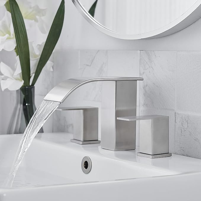 RUMOSE 8 inch Bathroom Faucets Set Brushed Nickel Bathroom Sink Faucet 3 Hole with Pop Up Drain Widespread 2 Handles Stainless Steel Lavatory Vanity Faucet Waterfall Spout Deck Mounted