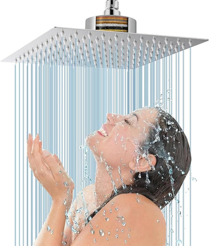 Voolan Rain Shower Head with Filtered - High Flow Bathroom Rainfall Filter Showerhead For Hard Water, Upgraded 304 Stainless Steel Construction (10"Square, Chrome)