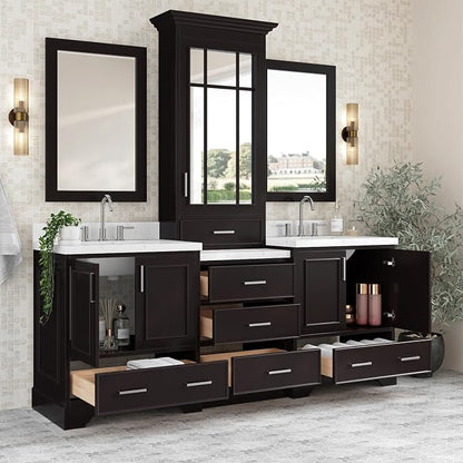 ARIEL Stafford 84-inch Bathroom Vanity with Sink,Solid Wood, 1.5-inch Carrara White Quartz Countertop, Double Rectangular Porcelain Sink, 5 Soft Closing Doors, 6 Dovetail Drawers, Espresso