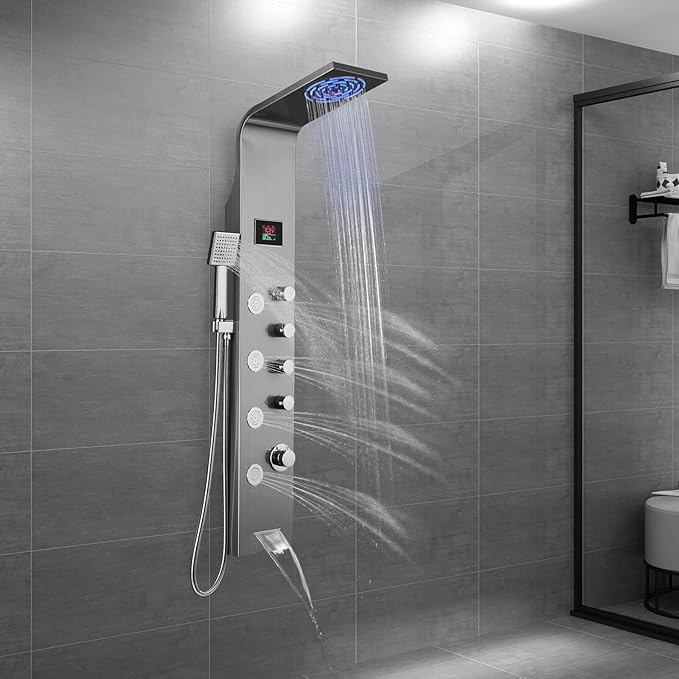 ROVOGO Shower Panel Tower with Rainfall Shower, Body Jets, Handheld and Tub Spout, No Battery Needed Led Lights and Temp Display, Unibody Shower Column 304 Stainless Steel, Brushed