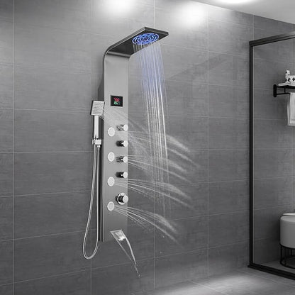ROVOGO Shower Panel Tower with Rainfall Shower, Body Jets, Handheld and Tub Spout, No Battery Needed Led Lights and Temp Display, Unibody Shower Column 304 Stainless Steel, Brushed
