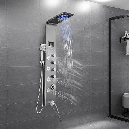 ROVOGO Shower Panel Tower with Rainfall Shower, Body Jets, Handheld and Tub Spout, No Battery Needed Led Lights and Temp Display, Unibody Shower Column 304 Stainless Steel, Brushed
