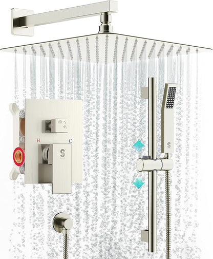 SR SUN RISE Shower System with 10" Rain Showerhead, Square Handheld Showerwith 16-Inch Slide Bar and 71-Inch Hose, Wall Mounted Shower Faucet Set Included Valve and Trim Kit, Brushed Nickel