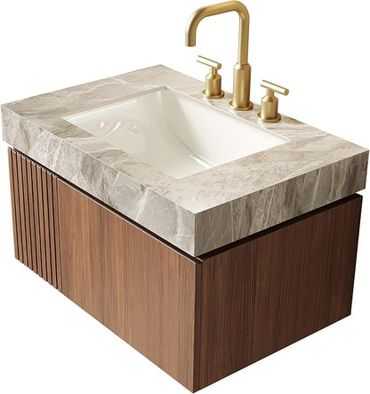KEIKI 30 Inch Floating Bathroom Vanity with Sink, Modern Wall Mounted Storage Cabinet with Drawer, Pre-Assembled Waterproof Wood Panels, Sintered Stone Top & Ceramic Basin Combo Set, Brown Oak & Grey