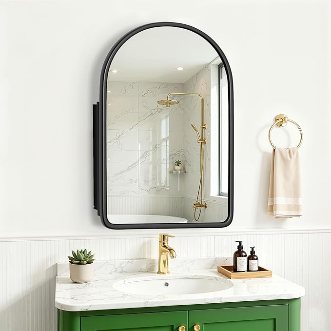 Casaphoria 36" H x 24" W Arched Bathroom Medicine Cabinet with Mirror, Wooden Frame and 2 Adjustable Shelves Wall Medicine Cabinets Mirrors, Black
