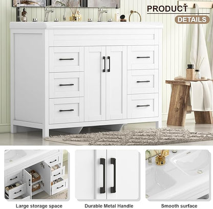 Bathroom Vanity with Double Sink, 48 inch Modern Bathroom Storage Cabinet with Undermount Ceramic Sink, Soft Closing Doors and 6 Drawers, White