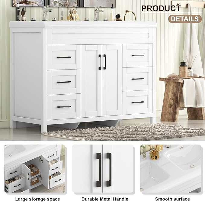 48 inch Bathroom Vanity with Double Sink, Modern Bathroom Storage Cabinet with Undermount Ceramic Sink, Soft Closing Doors and 6 Drawers, White