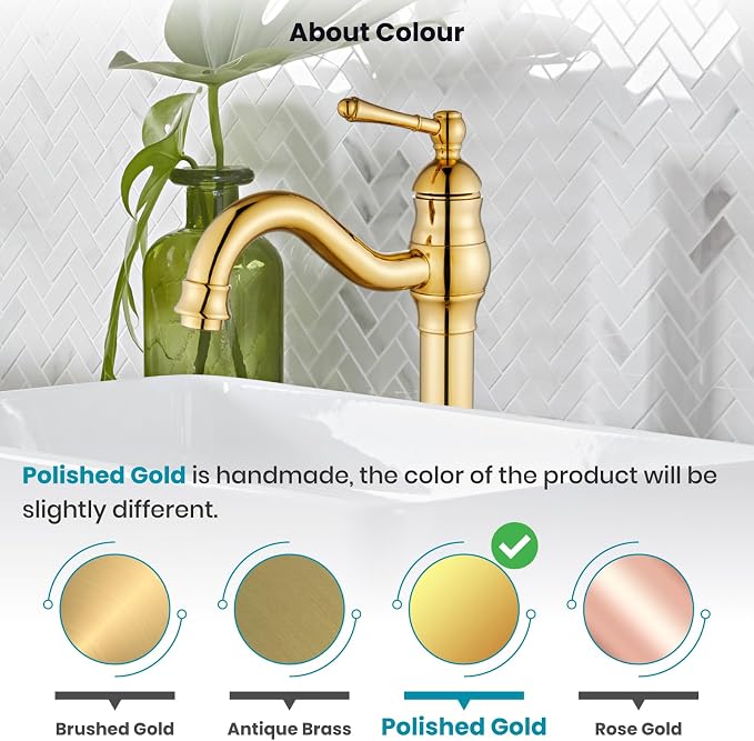 gotonovo Vintage Bathroom Vessel Sink Faucet, Polish Gold, with Drain | Tall Bathroom Faucet 1 Hole Single Handle, 360° Swivel Spout, cUPC Water Lines, Lead-Free, for Farmhouse Vanity Washbasin RV