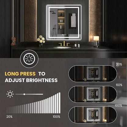 LOAAO 40"X40" LED Bathroom Mirror with Lights, UL Listed | Anti-Fog, Dimmable, 3 Color Temperature, Backlit + Front Lit, Memory Function, Tempered Glass